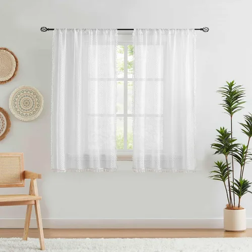 Miniatura 8 de ZJDECOR Cortinas traslúcidas de encaje bohemio de 54 pulgadas de largo, juego de 2 paneles de cortinas con patrón geométrico rústico beige