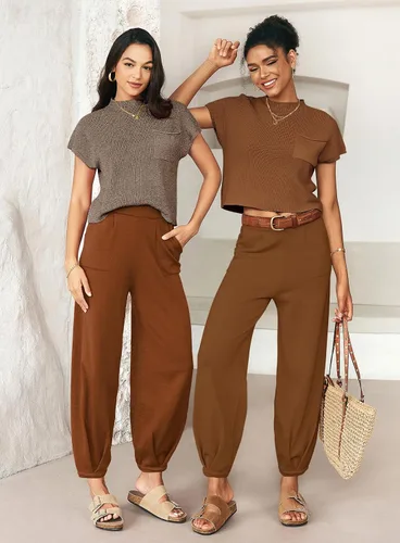 Miniatura 4 de MEROKEETY Conjunto de dos piezas para mujer, suéter de punto, sin botones, pantalones de cintura alta, conjunto de chándal
