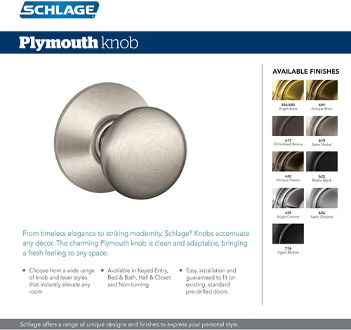 Miniatura 2 de Schlage F170 PLY 605 V Plymouth perilla de puerta, manija de puerta simulada sin giro de un lado, latón brillante