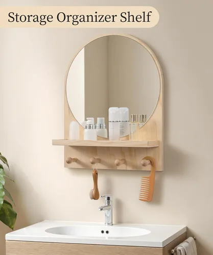 Miniatura 5 de Maxpeuvon Espejo de guardería, espejo circular bohemio para montaje en pared, estante de madera natural, arco colgante, decoración de pared moderna