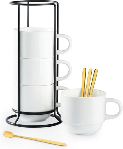 YHOSSEUN Juego de 4 tazas de café de porcelana, apilables con soporte de metal y cucharas, tazas de café espresso de 11 onzas para americano, Blanco