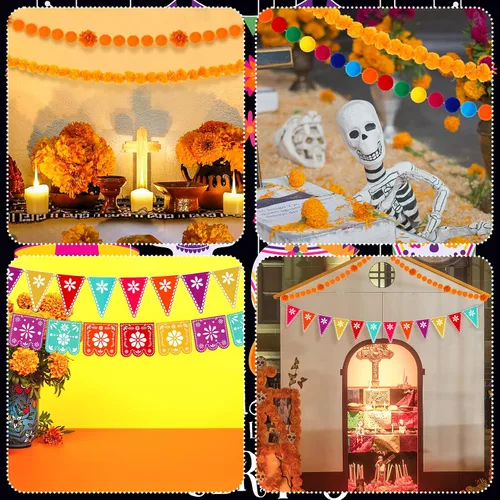 Miniatura 5 de Preboun 5 piezas de decoración de fiesta del Día de los Muertos, guirnalda de flores de caléndula de papel, pancarta de Picado, pancarta de fiesta