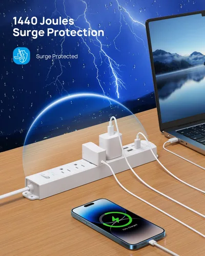Miniatura 4 de TROND - Tira de alimentación de enchufe plano con cable de extensión plano USB de 10 pies, protector de sobretensión, montaje en pared, 2 puertos