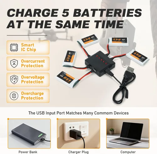 Miniatura 5 de 3.7V Lipo Batería 450mAh Alta Capacidad 25C RC Molex Drone Batería con 5-en-1 Cargador para SYMA Q11 AT-96 TR-C385 TR-P51 TR-F22 H99W H31 H6C H98