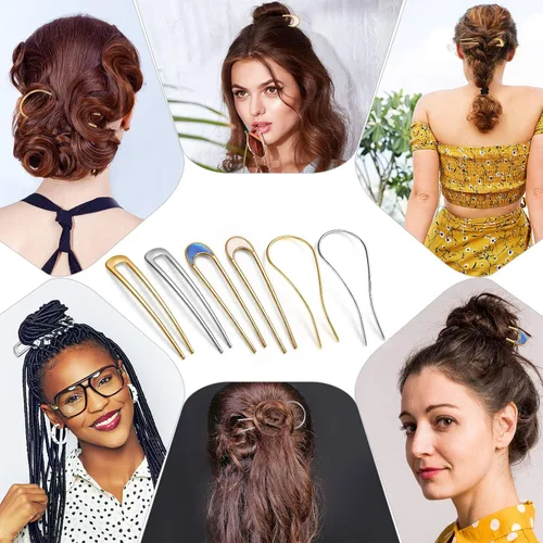 Miniatura 5 de 10 piezas de metal en forma de U ovalada peine lateral horquilla horquilla clip palo moño updo palos oro plata chignon pin agarres para mujeres
