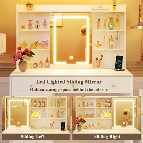 Miniatura 3 de HUAHUU Escritorio de tocador con espejo y luces, escritorio de maquillaje de 37 pulgadas con espejo iluminado LED, toma de corriente, tocador blanco