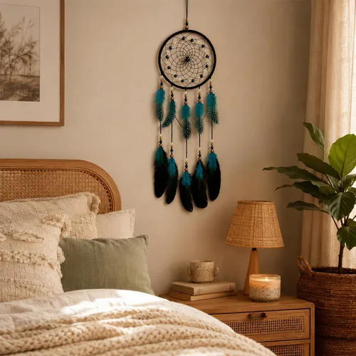 Miniatura 4 de Atrapasueños hecho a mano pluma nativa decoración de la pared del hogar azul Azul y negro