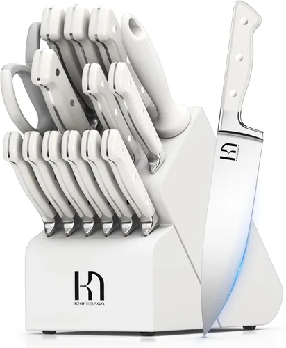 KnifeSaga Juego de Bloque de Cuchillos de Cocina, Juego de Cuchillos Ultra Afilados de 15 Piezas Duraderas, Acero Inoxidable de Alto Carbono Blanco
