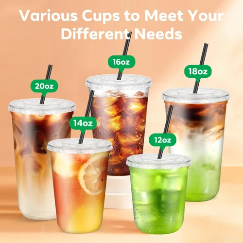 Miniatura 7 de Paquete de 100 vasos de plástico transparente con tapas planas y pajitas, tazas desechables de 12 onzas para café helado, vasos de plástico