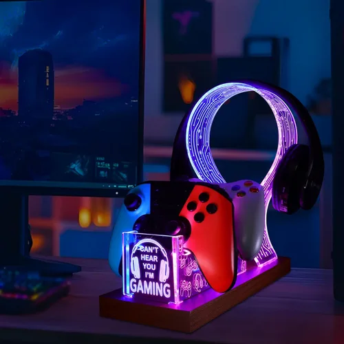 Miniatura 7 de YuanDian Gamer Gifts for Teenage Boy, Can't Hear You I'm Gaming Headset and Controller Stand, Acrylic Wooden Controller Holder with Blue Pink LED