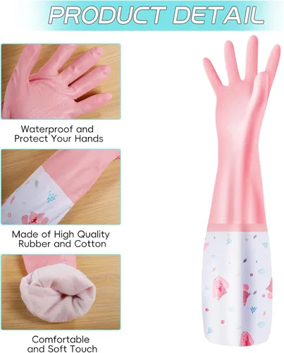 Miniatura 3 de XJMWXHFC 3 piezas de guantes reutilizables para lavar platos, guantes impermeables de manga larga antideslizantes para el hogar con forro de algodón