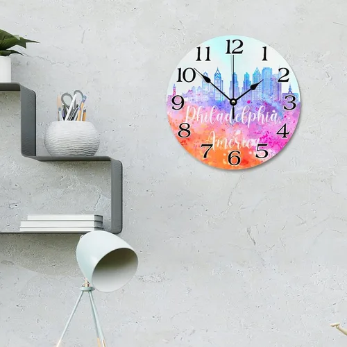 Miniatura 3 de Reloj de pared con silueta de horizonte de Filadelfia de Estados Unidos, acuarela, paisaje urbano, relojes de pared grandes, funciona con pilas, 10