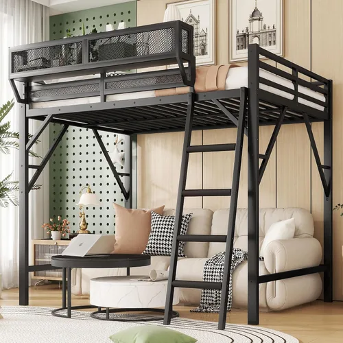 Miniatura 18 de KEIKI Estructura de Cama Loft de Metal Tamaño Twin con Escalera Convertible, Estantes de Almacenamiento Integrados y Armario, Cama Loft con Listones