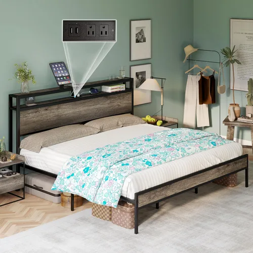Miniatura 11 de LUXOAK Marco de cama tamaño Queen, marco de cama de plataforma con cabecera de almacenamiento de 2 niveles y estación de carga, no necesita somier