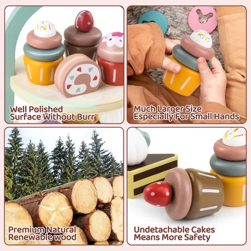 Miniatura 2 de Juego de juguetes de madera para tartas, juego de fiesta de té, juguete de comida de postres con soporte para cupcakes, accesorios de cocina