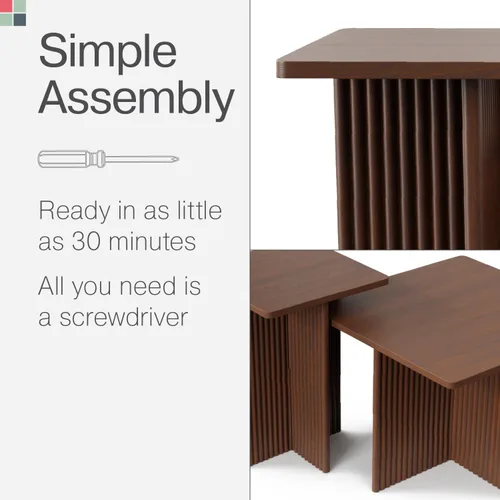 Miniatura 8 de Stead Mesas de centro cuadradas estriadas anidables, juego de mesa auxiliar de 2 piezas, escritorio moderno para bebidas para sala de estar, Nogal