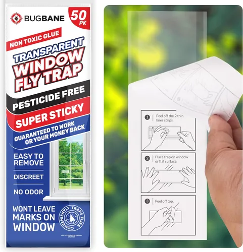 50 Trampas Adhesivas para Moscas de Ventana No Tóxicas Transparentes Papel Antimoscas Interior para el Hogar. Sin Desorden Trampas Adhesivas para