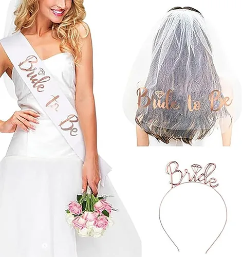 Delphinus Juego de 3 bandas y diadema para novia, velo hasta el hombro, suministros de despedida de soltera, accesorios de decoración de despedida