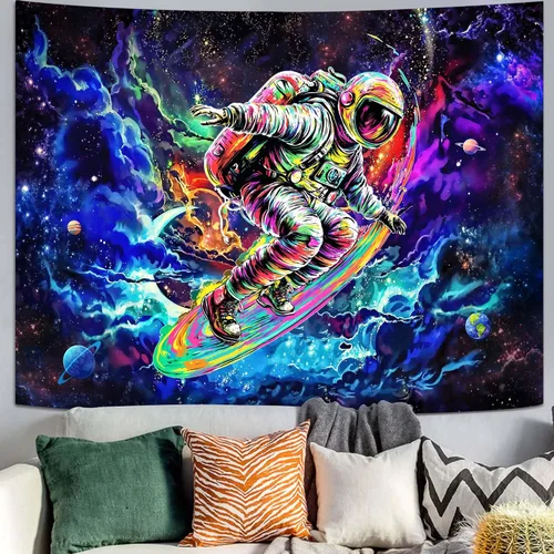 Miniatura 8 de kampdream Tapiz de astronauta de surf espacial, colgante de pared de arte cósmico y galaxia planetaria, póster de decoración genial