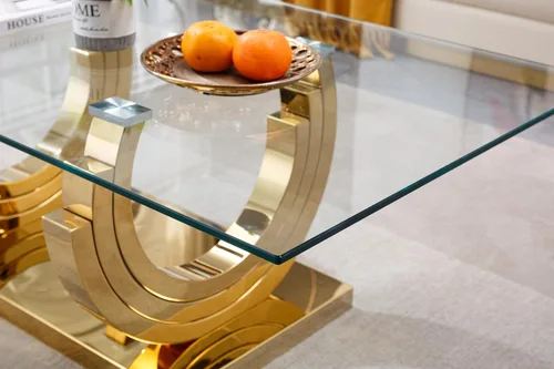 Miniatura 149 de Mesa de centro de cristal de lujo, mesa de centro de sofá de 47 pulgadas con marco de acero inoxidable dorado y parte superior de vidrio negro, mesa
