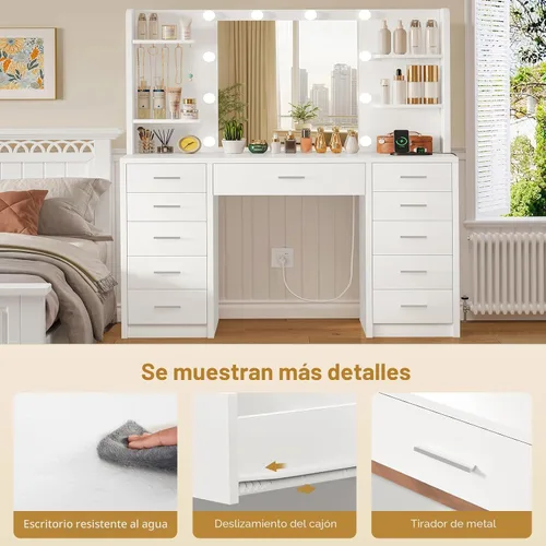 Miniatura 8 de FIONESO Escritorio grande con espejo y luces, tocador de maquillaje con 11 cajones y 6 estantes abiertos, 3 modos de iluminación, brillo ajustable