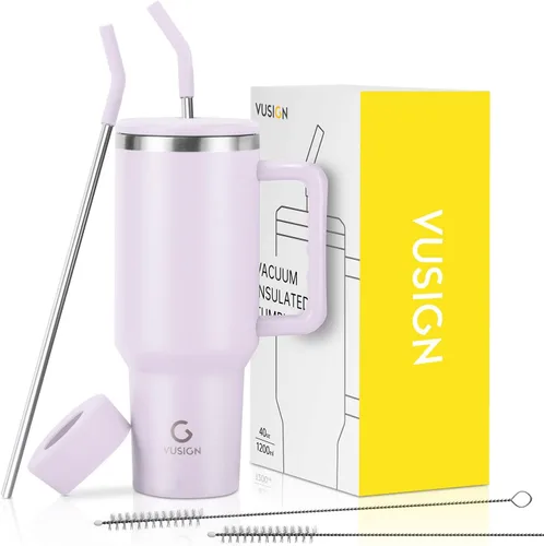 VUSIGN Vaso de 40 onzas con asa y tapa con pajita, vaso de acero inoxidable con aislamiento al vacío, taza de viaje, botella de agua para agua, té
