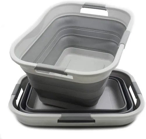 Miniatura 5 de SAMMART Juego de 2-30L (8 galones) Cesta de lavandería de plástico plegable - Contenedor/organizador plegable - Tina de lavado portátil, capacidad