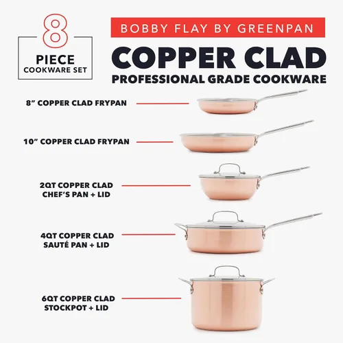 Miniatura 3 de GreenPan x Bobby Flay 8 piezas de ollas y sartenes recubiertas de cobre, juego de ollas de inducción, marcas de medición, base y interior de acero