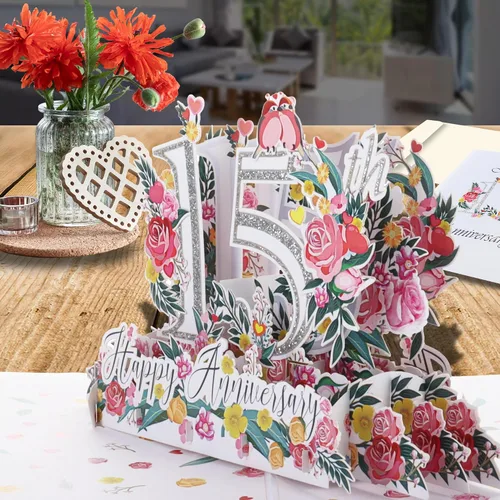 Miniatura 8 de iGifts And Cards Tarjeta desplegable 3D de 15 aniversario – aniversario de boda de 15 años para pareja, recuerdo romántico para marido, esposa