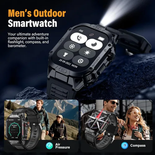Miniatura 6 de Reloj inteligente militar para hombre, reloj inteligente deportivo al aire libre de 2.02 pulgadas con linterna, frecuencia cardíaca, oxígeno y Negro