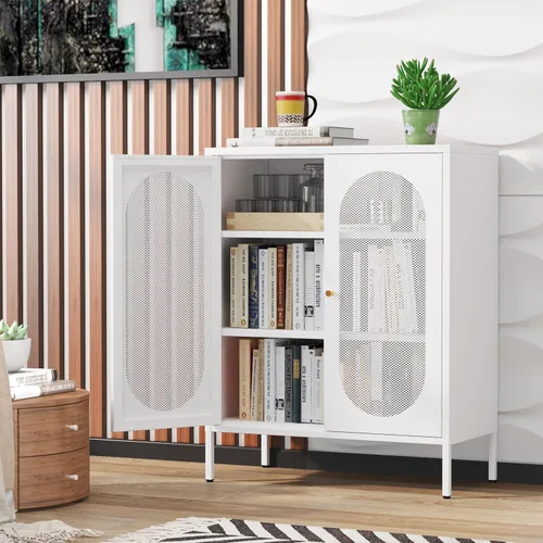 Miniatura 22 de Armario de almacenamiento de metal con 2 puertas de malla para sala de estar, hogar, hotel, oficina, garaje, cocina, 3 niveles, 2 estantes Negro