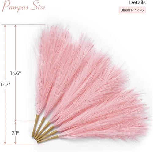 Miniatura 2 de Serwalin Hierba falsa de las pampas de 17 pulgadas, 6 piezas, decoración de hierba de las pampas rosa, decoración de sala de estar, rubor artificial