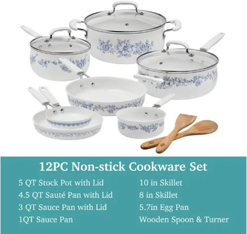 Miniatura 3 de Pioneer Woman Style Agatha - Juego de utensilios de cocina clásicos de aluminio y cerámica, 12 piezas, color azul