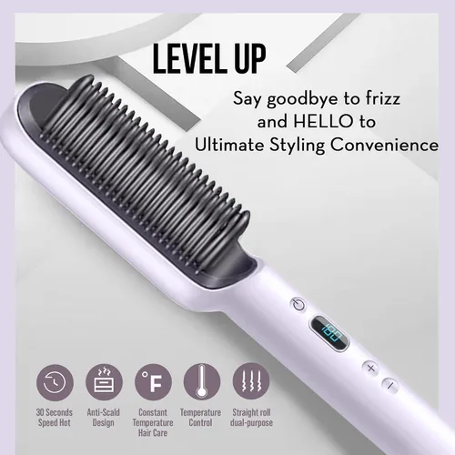 Miniatura 6 de Cepillo alisador de cabello - Calor rápido, iones negativos, cabello liso sin encrespamiento para mujeres ocupadas - Púrpura real