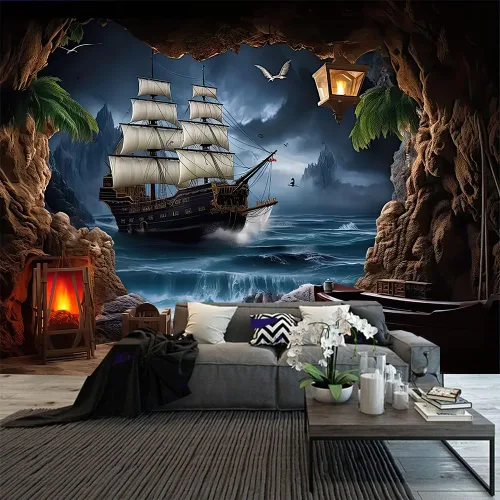 Miniatura 8 de FENDROM Tapiz náutico Decoración Fantasma Velero Arte de Pared Fantasía Paisaje Océano Náutico barco pirata Onda Vela Luna Tapices Colgantes