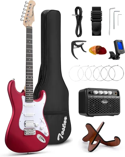 Miniatura 35 de Tostar Kit de guitarra eléctrica con amplificador, 39 pulgadas, tamaño completo, 6 cuerdas, ligero, diseño de cuerpo redondeado, interruptor