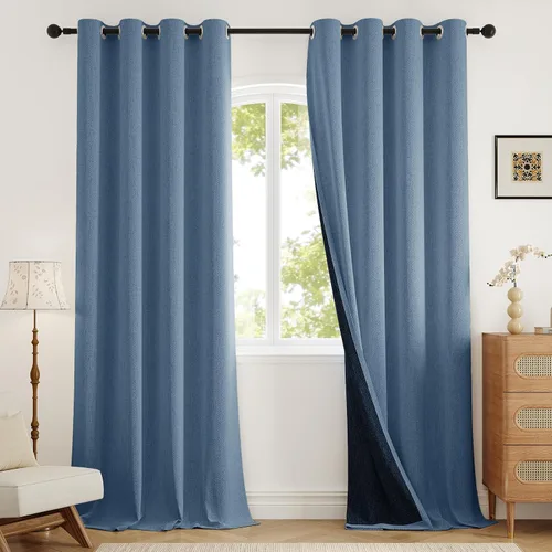 Miniatura 19 de Rinwoc - Cortinas 100% opacas gruesas y suaves de 2 paneles para dormitorio, aspecto de lino texturizado, bloqueo total de luz, cortinas