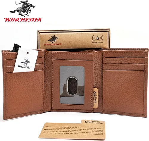 Miniatura 2 de Winchester Billeteras Trifold para hombres de cuero de vaca de grano completo RFID bloqueo con ventana de identificación cartera compacta