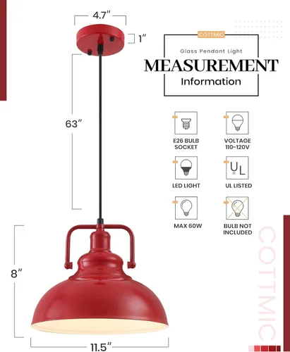 Miniatura 5 de Paquete de 2 luces colgantes rojas de granja, luces metálicas para isla de cocina, lámpara colgante vintage industrial para cocina, sala de estar