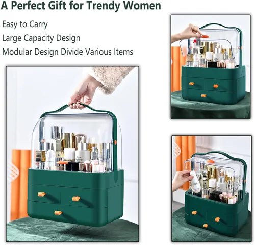 Miniatura 2 de Organizador de maquillaje grande con soporte para pinceles, organizador de cuidado de la piel impermeable y a prueba de polvo con tapa y cajones