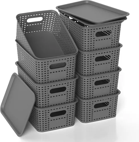 Miniatura 8 de Cesta de almacenamiento de plástico con tapa, contenedores pequeños apilables para organización y contenedores para estantes, cajones, escritorio
