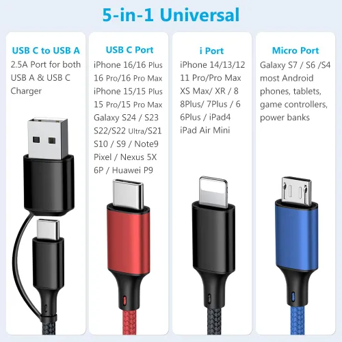 Miniatura 6 de Puxnoin Cable de carga múltiple 5 en 1, paquete de 2 unidades, cable de 4 pies, cargador múltiple USB C universal con conectores USB C/Micro USB