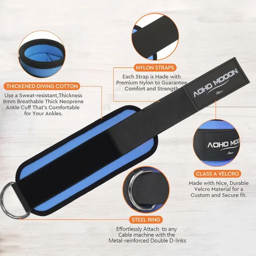 Miniatura 4 de AOHO MOOON Correas de tobillo ajustables y cómodas para máquinas de cable para mujeres, correa de pierna para gimnasio, tobillera para glúteos, Azul