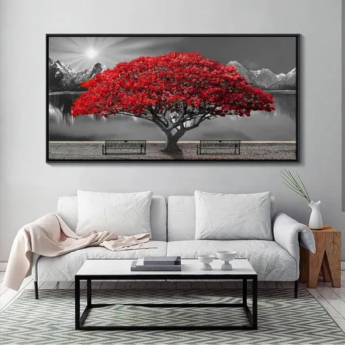 Miniatura 26 de Mofutinpo Arte de Pared de Árbol Rojo en Blanco y Negro Impresión en Lienzo Cuadro Paisaje de Árbol Rojo Grande Obra de Arte Moderna para Sala