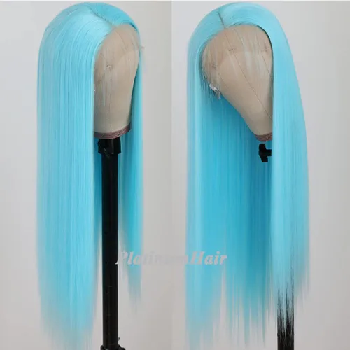 Miniatura 3 de Pelucas de encaje frontal color azul con encaje frontal, peluca para usar y llevar, sin pegamento, pelucas de cabello largo y lacio, pelucas