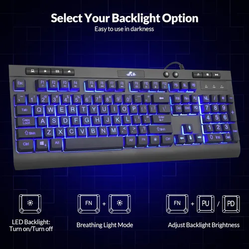 Miniatura 3 de Rii RK900Pro Teclado retroiluminado de impresión grande, teclado USB de tamaño completo con cable con retroiluminación azul, compatible con Windows
