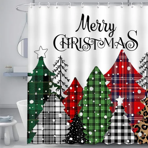 Mocsicka Cortina de ducha de Navidad a cuadros coloridos a cuadros de árbol de Navidad, cortina de baño de tela de poliéster impermeable, juego de
