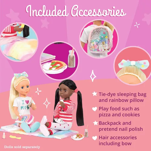Miniatura 3 de Glitter Girls Accesorios para muñecas de 14 pulgadas - Juego de mochila y fiesta de pijamas - Tie - Saco de dormir teñido, almohada arcoíris