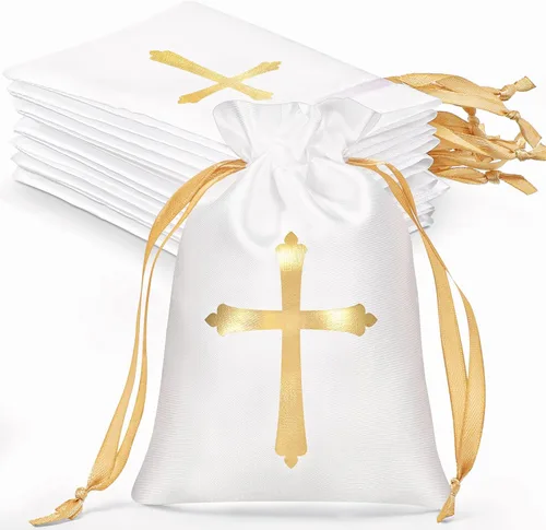 Miniatura 8 de PerKoop 50 bolsas de regalo de satén para bautismo con cordón de 4 x 6 pulgadas, bolsas de regalo religioso con cruz, bolsas de joyería
