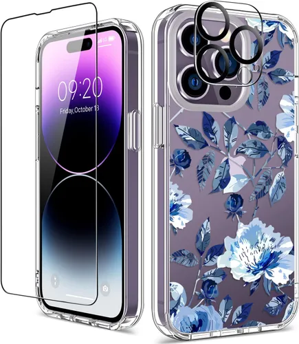 Funda para iPhone 14 Pro con protector de pantalla, 6.1 pulgadas, transparente de cuerpo completo, a prueba de golpes, diseño floral, para niñas y